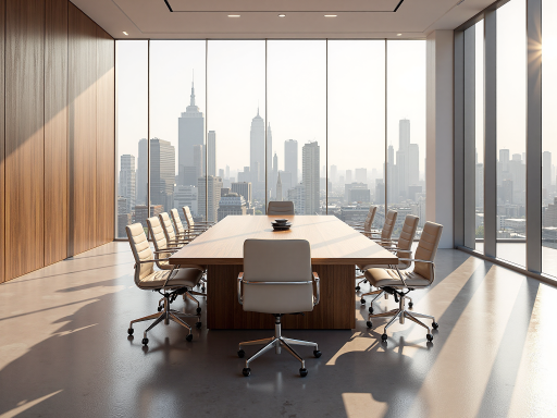 现代化金融公司办公环境,宽敞明亮的会议室,落地窗,城市景观背景